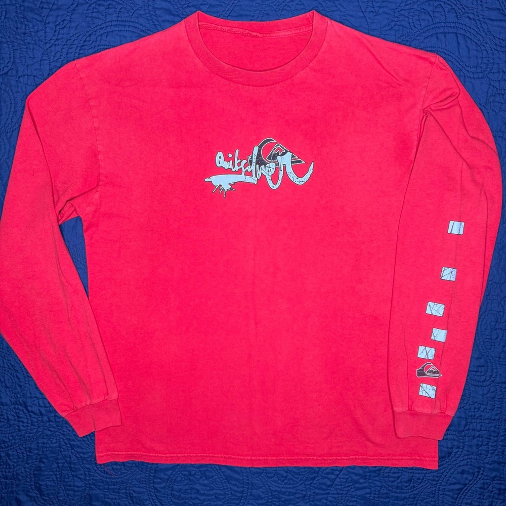 Y2K Quiksilver Long Sleeve Graphic Tee Surf Skate Shirt Red Men L VTG Great FADE